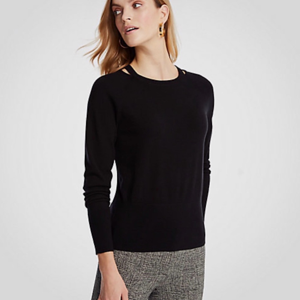 Ann Taylor Black Crew Neck Cutout Shoulder Sweater